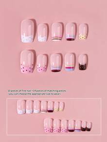 24pcs Short Square Polka Dot French Nail Design, Set Includes: 1pc Jelly Glue And 1pc Nail File Nails - Multicolor - View 4