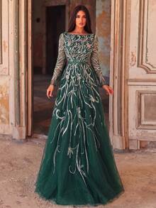 Faeriesty Women's Elegant Green Sequin Long Sleeve Boat Neck Flared Long Formal Evening Gown For Party & Romantic Events Wedding - Dark Green - View 5
