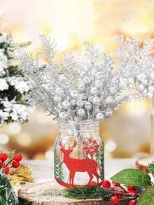 8pcs-Christmas Glitter Berry Stems, Christmas Shiny Pine Branches 7.09 Inches (Approx. 18cm) Artificial Christmas Tree Decorations, DIY Christmas Wreath, Crafts, Holiday And Home Decor, Pink - Silver Pine Branches + Berries - View 3