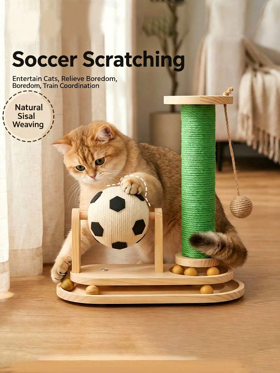 3-In-1 Wooden Cat Scratching Post Cat Toy, Includes Cat Scratching Ball, Rolling Track Ball And Hanging Ball, Protects Furniture, Relieves Cat Boredom, Suitable For Indoor Cats - one-size - View 1
