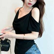 Women's Sexy Off-Shoulder Off-Shoulder Short Sleeve T-Shirt, Asymmetrical Design, Chic Unique Style, Fashionable Minimalist Casual Versatile Black Top For Summer - Black - View 1