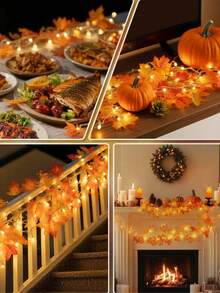 1pc Maple Leaf String Lights Autumn Leaf Garland, With Maple Leaf String Lights, Autumn Decoration, Decorative String Lights, Battery Operated, Suitable For Indoor And Outdoor Use, Christmas, Thanksgiving, Halloween Decoration, Autumn Fallen Leaf String Lights With Lights, LED Halloween String Lights, Thanksgiving Home Decoration, Autumn String Lights With Lights, Thanksgiving Harvest Festival Decoration String Lights, Suitable For Family Holiday Autumn Decoration, Indoor Gift - Double-headed Maple Leaf Lamp - View 4