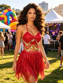 Exotic Festival Rave Party Dangling Sequin Coin Fringe Halter Crop Top, Irregular Hem Sequin Skirt For Costume Cosplay And Parade Events - Multicolor - View 8