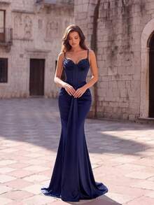 ADYCE Elegant V-Neck Spaghetti Strap Cinched Waist Backless Fishbone Tail Fitted Bridesmaid Dress, Prom Evening Gown, Homecoming Wedding Guest Formal Dinner Dress - Navy Blue - View 6