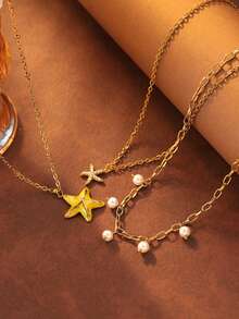 3件組海灘度假風不鏽鋼琺瑯全鑲鑽星星吊墜仿珍珠男士項鍊，兄弟度假禮物，適合度假穿搭 - 金色 - 查看 2