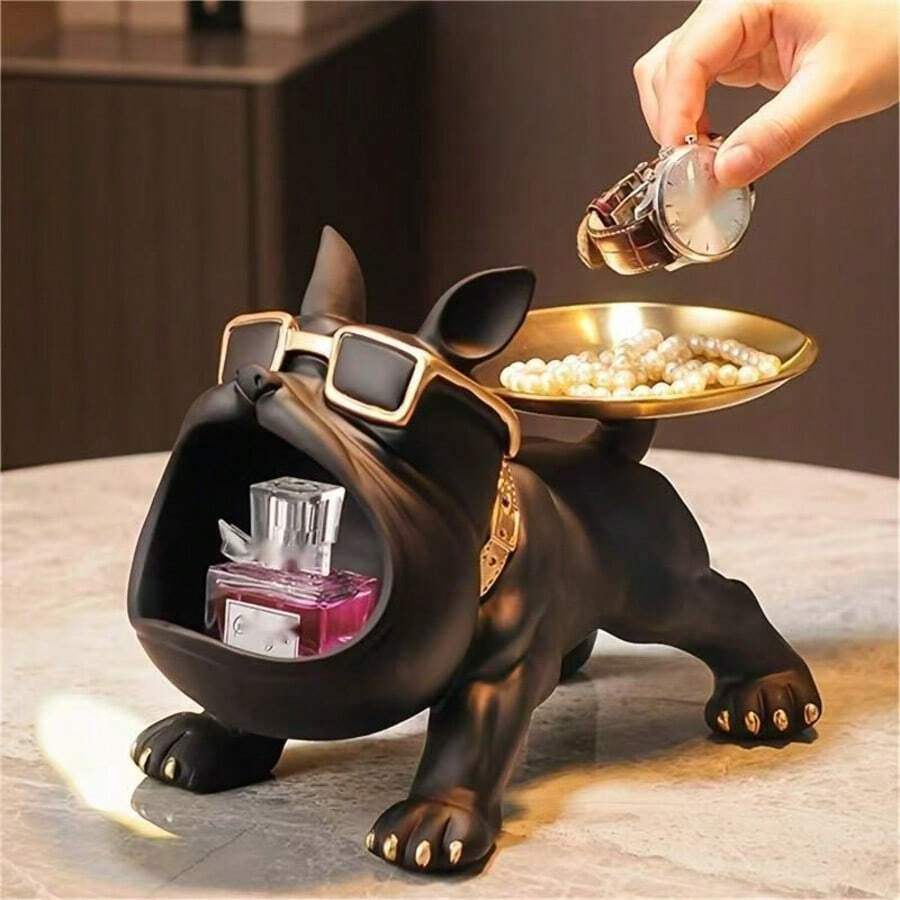 French Bulldog Statue With Gold Metal Tray, Resin Bulldog Storage Bowl, Multi-Functional Key Jewelry Watch Beauty Organizer, Entryway Desktop Decor Dog Sculpture, Unique Home New House Gift, Suitable For Men And Women