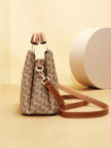 Retro Allover Letter Print Handbag Combo, Color Block Splicing Shoulder Bag With Detachable Adjustable Strap & Gold Metal Hardware - Brown - View 6
