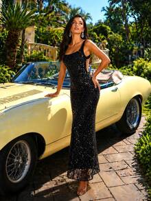 UNITHORSE Women's Cutout Waist Sequin & Beaded Decor Tank Dress, Elegant & Sophisticated - Black - View 2