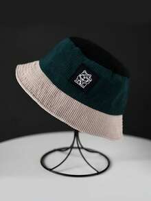 1pc Contrast Color Lucky Cat Logo Corduroy Bucket Hat - White - View 2