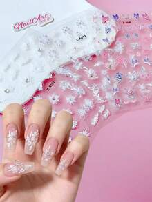 2pcs 5D Embossed Rhinestone Nail Sticker, Nails, DIY Decoration, Featuring White Snow Mowing, Aurora Iridescent Pink Purple Flowers, And Butterfly Patterns, Suitable For Creating Sweet, Dreamy, And Gentle Wedding Nail Art In Summer Nail Stickers - Multicolor - View 3