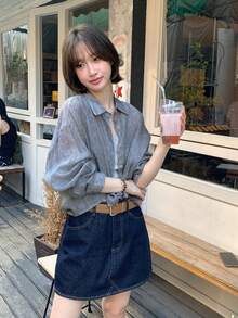 Women's Striped Single-Breasted Fashion Versatile Casual Daily Shirt - Navy Blue - View 3