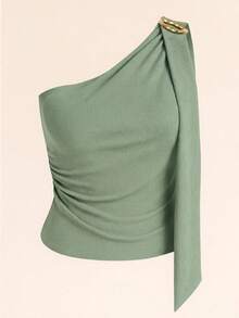 Women's Asymmetrical One-Shoulder Blouse With Padded Cups In Plain Ribbed Fabric - Casual, Basic, And Elegant - 薄荷綠 - 查看 2