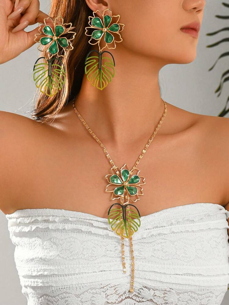 Set Perhiasan Boho 3 Buah/Set Motif Bunga Tropis Boho dan Daun Monstera, Anting Gradien dan Kalung Rumbai Y, Aksesori Pernyataan untuk Liburan Pantai Musim Panas Wanita, Hadiah - Gradien Hijau - View 6
