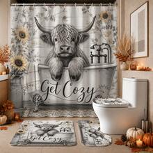 1pc/4pcs Vintage Bathtub Highland Cow Pattern Multi-Functional Bathroom Decor Shower Curtain Set, Free 12 Hooks, Premium Holiday Atmosphere, Bathroom Mat, U-Shaped Bath Mat And Round Toilet Lid Cover, Suitable For All Scenes Decoration, Bathroom Set - Bathtub Highland Cow - View 7