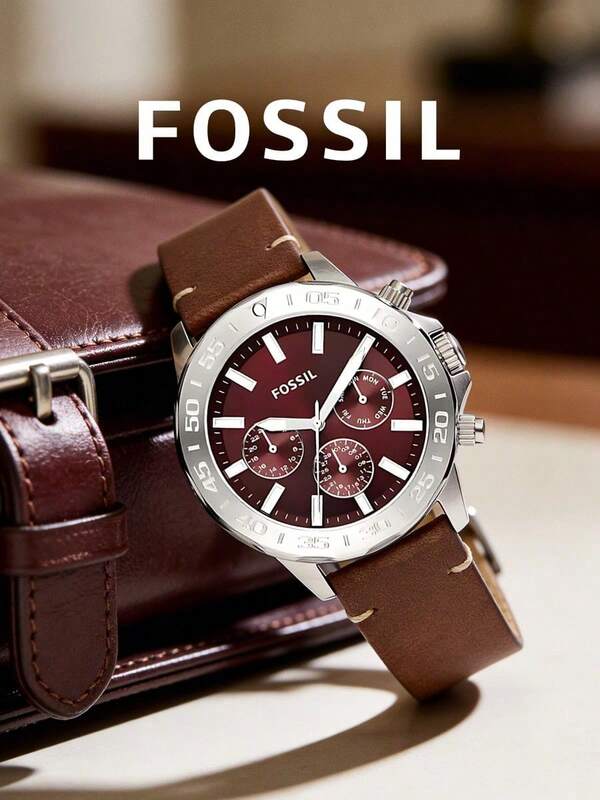 Fossil Men's Chronograph Watch Deep Red Dial Multi-Function Subdials Brown Genuine Leather Strap Sporty Casual Accessory For Weekend Getaways And Road Trips