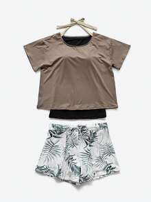 2-Piece Set Women's Swimwear, UV Protection, High-Stretch Polyester, Short-Sleeve T-Shirt + Shorts, Inner Lining, Non-Wired Padding, Body-Shaping Wome - Brown and White Leaves - View 8