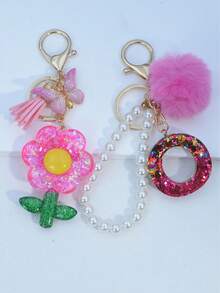 1pc Resin Starry Sky Epoxy Letter Keychain With Black Fur Ball Tassel Decor, Heart Pendant Gift For Friend And Mom - Hot Pink - View 36