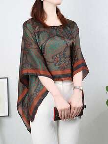 1PC Faux Silk Floral Print Lightweight Pullover Shawl, Women's Beach Sun Protection Outerwear, Loose Fit Versatile, Suitable For Daily Decorative Use - Cashew Flowers - View 1