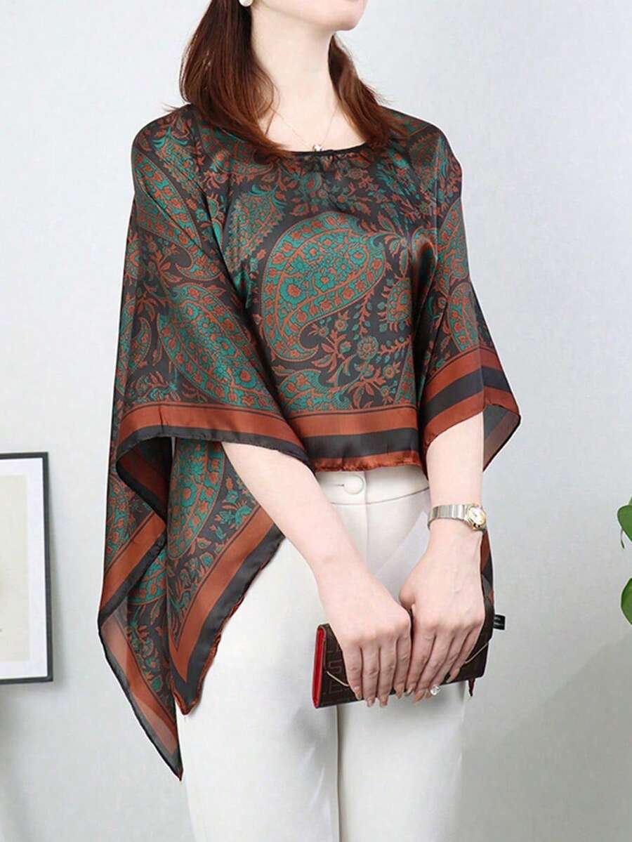 1PC Faux Silk Floral Print Lightweight Pullover Shawl, Women's Beach Sun Protection Outerwear, Loose Fit Versatile, Suitable For Daily Decorative Use - Cashew Flowers - View 1