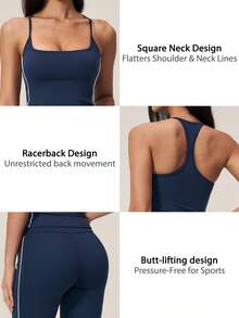 TimeOff Conjunto deportivo para mujer de 2 piezas con top de tirantes finos, cuello cuadrado, espalda nadadora y línea blanca lateral en contraste, y pantalones 7/8 a media pantorrilla con control de abdomen - Azul Marino - Ver 4