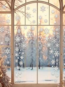 6/4/1sheets Christmas Window Stickers, Suitable For Glass Windows, Christmas Window Decals, Snowflake Decoration, Holiday Window Stickers, Snowflake + Small Dot Window Stickers, Winter Decoration Stickers, Removable Electrostatic Stickers, Reusable Plastic Decorations, No Residue, Suitable For New Year And Christmas Decoration, White Snowflake Pattern Glass Windows - Monochrome - View 2