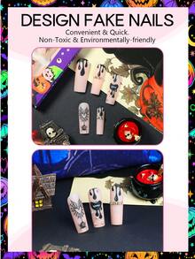 24 Stücke lange quadratische Press-On-Nägel, schwarze Tropfen-Spinnennetz-Herz-Spinnen-Vampir-Mund-Kunstnägel, Acryl-Nagelaufkleber Nagelzubehör für Frauen, dunkler Gothic Y2K Halloween-Stil, für Halloween-Party, Horror-Cosplay, Nachtclub, Trick or Treat - Verschiedenfarbig - Übersicht 3