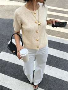 1pc Short Sleeve Solid Color Metallic Button Cardigan Sweater For Women, Casual Versatile Knit Sweater - Apricot - View 9