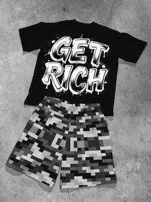 Men's 2-Piece Outfit, Plus Size, Men's Shorts, Men's Patterned Shirt, Streetwear "Hip Hop Men, Black + Gray Camouflage" Pattern Sports Set - Polyester Fabric, Drawstring, Pockets, Suitable For Plus Size Body - black gray - View 4