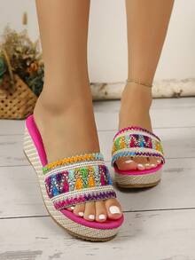 Women's Summer Fashion Bright Color Bohemian Daily Vacation Comfortable Versatile Wedge Platform Sandals - Hot Pink - View 3