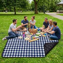 80x 83 Large Picnic Blanket Waterproof Sandproof, Foldable Outdoor With Premium Canvas Strap Beach - Blue Gingham - View 2