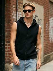 Men's Summer Black Sleeveless Hooded Vest, Fashion Solid Color Sports Hoodie - Black - View 3