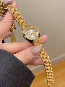1pc Arabic Numeral Scale Gold Square Rhinestone Women's Quartz Watch, Exquisite Casual, Suitable For Daily Wear Or Party Gift - Gold - View 1