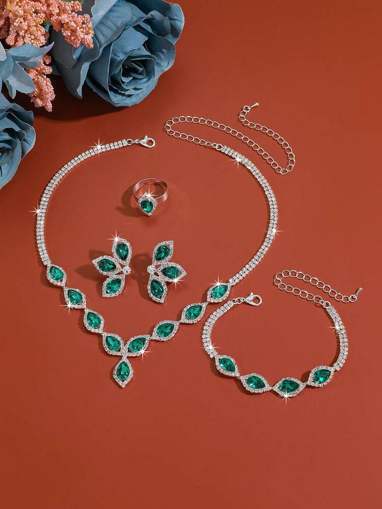 4pcs/Set Elegant Daisy Shaped Rhinestone Earrings And Necklace Jewelry Set, Suitable For Brides, Weddings, Parties And Daily Wear - Silver Green - View 3