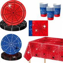 10pcs/20pcs/70pcs/71pcs Red Blue Black Spider Web Party Tableware Set, 9/7 Inch Paper Plates, 3.5 Inch Tall Paper Cups, 6.5 Inch Napkins, 42x70 Inch Plastic Tablecloth, Suitable For Birthday, Halloween, Hero Theme Party Decoration - Multicolor - View 3