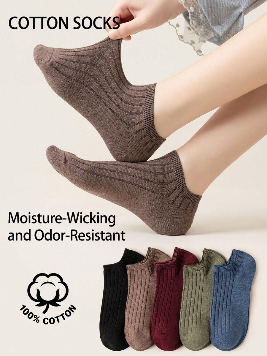 5 Pasang Kaos Kaki Wanita Katun Murni Tanpa Jahitan, Kaos Kaki Pendek Bergaris Warna Polos, Menyerap Keringat, Bernapas, Tahan Bau, Lembut, Kasual, Kaos Kaki Sepergelangan Kaki untuk Sehari-hari - MultiWarna - View 1