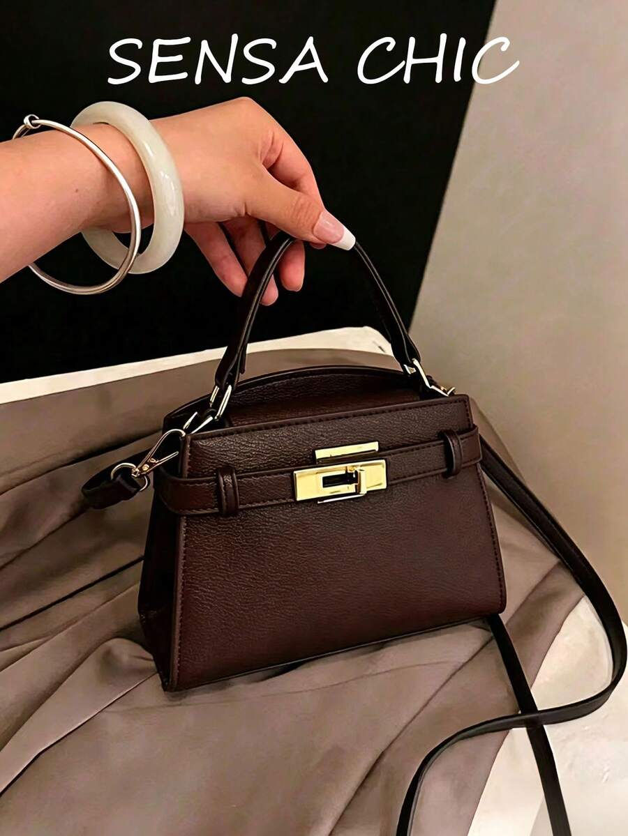 新款女款毛邊設計PU布料小手提包,女款錢包扭鎖開關設計附長款斜跨背帶,優雅錢包適合旅行、購物、通勤、辦公、聚會與校園派對,出席心儀的節日活動 - 咖啡 - 查看 1