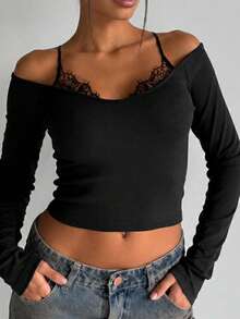 Kaos Lengan Panjang Wanita Model Bahu Terbuka, Desain Kamisol Berlapis Renda Bergaris, Atasan Pendek Pas Badan, Gaya Jalanan Y2K 2 in 1 - Hitam - View 6