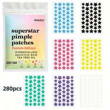 280/560 piezas Nuevos parches de acné de hidrocoloide de 7 colores con diseño de estrella, pegatinas correctoras faciales súper estrella, parches faciales lindos para volver a la escuela, adecuados para decoración facial en fiestas, pegatinas multifuncionales DIY para álbumes de recortes, sin fragancia, sin conservantes, adecuados para todo tipo de piel, diseño de estrella lindo en varios colores, adecuados para todos - Estrella - Ver 4