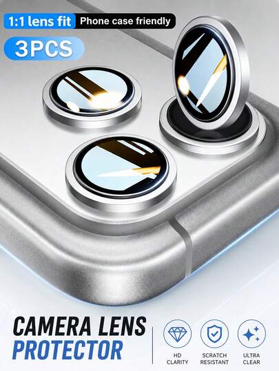 3pcs 17 Pro/17 Pro Max/17/16/16Pro/15/14/13/12/11/Pro/Promax/Mini Camera Lens Protector, 9H Tempered Glass Camera Screen Cover, Silver Metal Independent Ring, Silver
