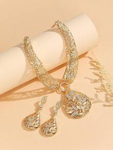 3pcs/Set Gold Leaf Alloy Exaggerated Women's Earrings & Necklace Jewelry Set For Party - Yellow Gold - View 4
