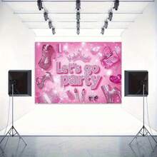 1pc Pink Glitter Party Backdrop Banner With "Let's Go Party" Text, High Heels And Crown Design - Durable Shiny Decoration For Birthday, Photo Booth, Indoor And Outdoor Celebrations - Multicolor - View 1