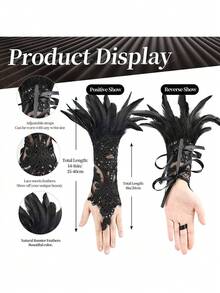 Black Lace Arm Sleeves With Faux Feather Decor, Finger Loop Gloves, Suitable For Balls And Dancing, Halloween Gothic Style Arm Sleeves (Artificial Fiber Feathers) - View 7