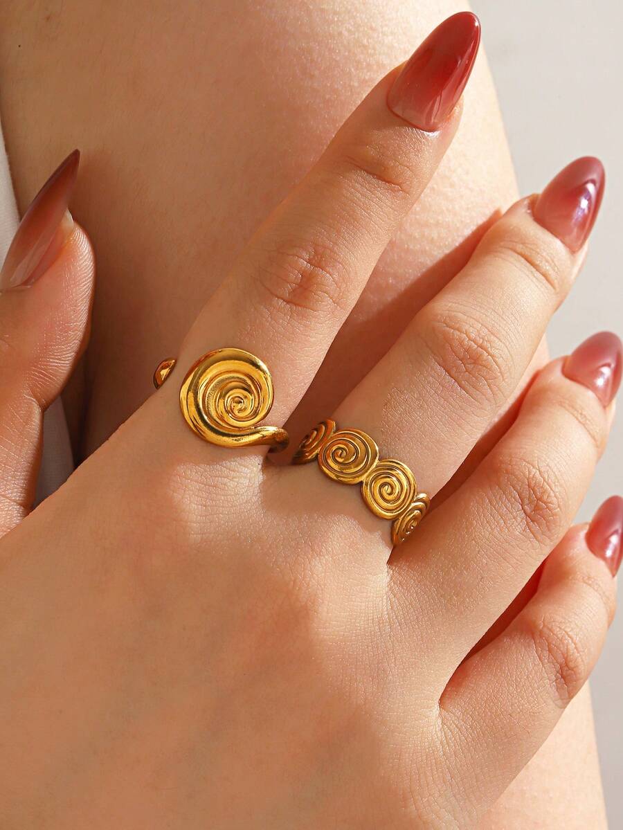 2pcs Stainless Steel Summer Vacation Style Ribbed Rings, Suitable For Women To Wear At The Beach - Gold - View 1