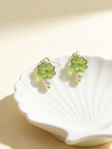 1 Pair Light Green Four-Leaf Clover Pearl Drop Earrings, Elegant Women's Dangle Earrings, Soft Girl Style Spring/Summer Wedding Jewelry - Green - View 4