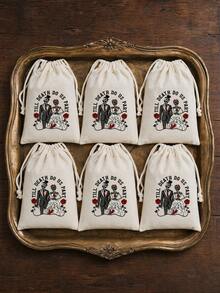 10pcs Humorous Halloween Skull Wedding Drawstring Gift Bags, Bachelorette Party Gift Bags, Gothic-Style Wedding Planning Bags Featuring Skulls And Roses, Halloween Couple Party Decorations, Unique Wedding Bags - Multicolor - View 7