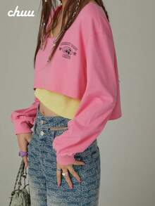 CHUU 女款撞色假兩件式 T-Shirt 春秋字母印花拼接大圓領長袖短版上衣 - 粉色 - 查看 3