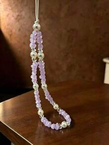 1pc Faux Pearl & Crushed Stone Light Purple Decorative Bead Phone Lanyard Gift Suitable For Mother, Family, Friends, Birthday, Holiday Phone Pendant, Phone Chain - Mauve Purple - View 2