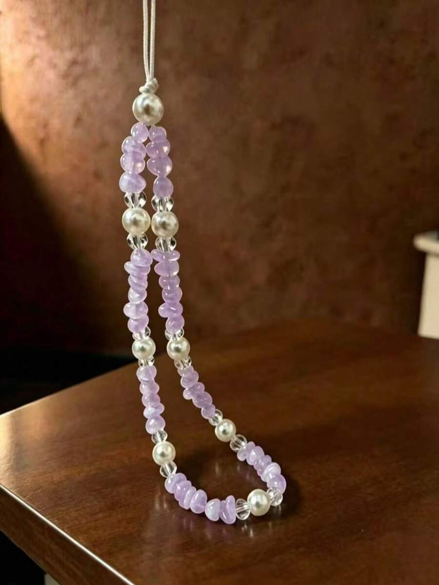 1pc Faux Pearl & Crushed Stone Light Purple Decorative Bead Phone Lanyard Gift Suitable For Mother, Family, Friends, Birthday, Holiday Phone Pendant, Phone Chain