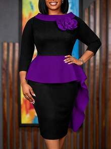Große Größen Schwarz-Weiß Farbblock elegantes figurbetontes Midi-Kleid mit Rundhalsausschnitt, 3D-Blumen-Peplum, drapiert, für Kirche, Arbeit, Business, Herbst, Party, formelle Anlässe - Violett - Übersicht 2