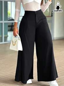Plus Size Woven Wide Leg Long Pants With Button & Zipper Detail, Chic And Comfortable Non-Stretch Trouser For Everyday Wear Black - Black - View 4
